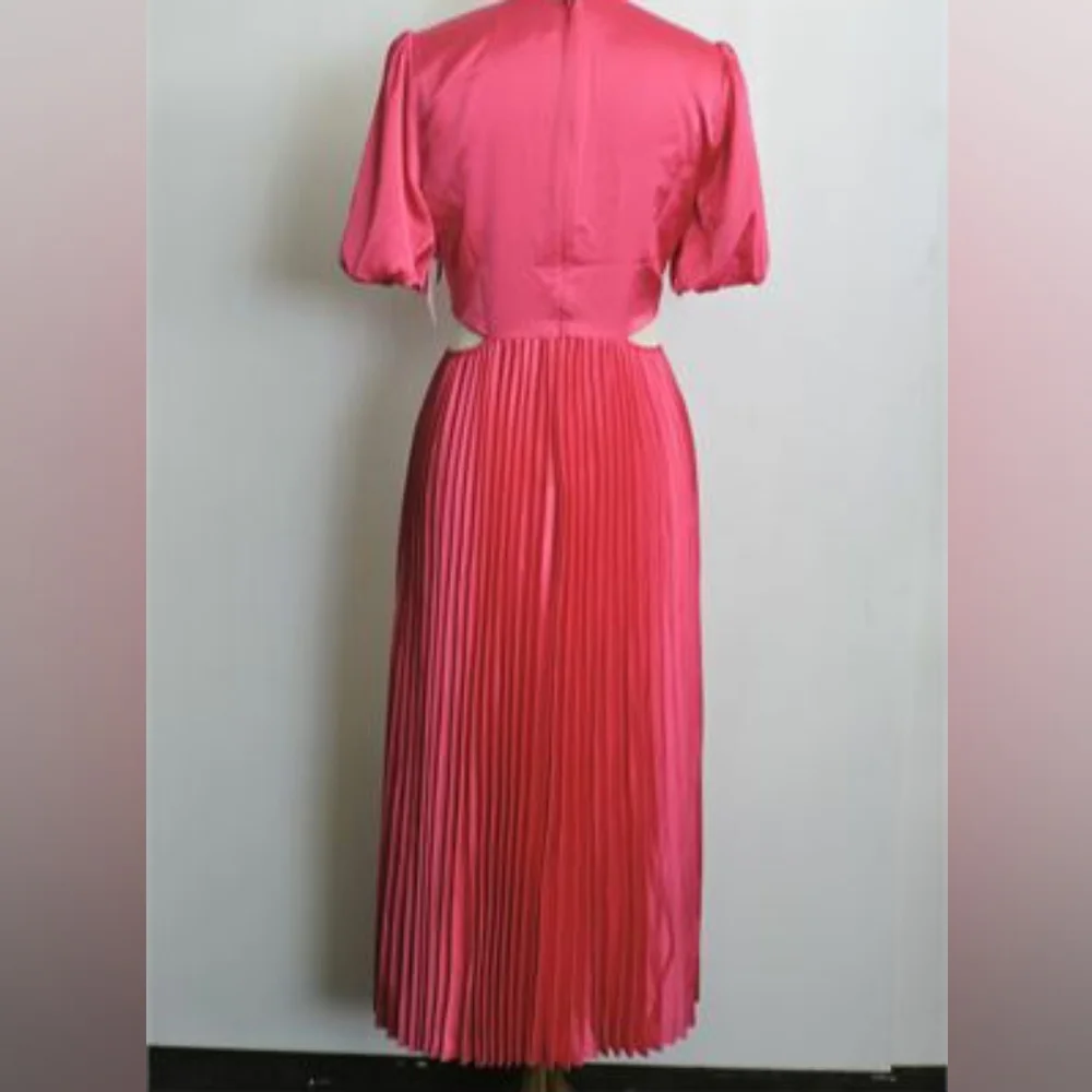 *Adelyn Rae Vibrant Pink Cutout Pleated Satin Dress Balloon Sleeve Size M - Picture 4 of 12